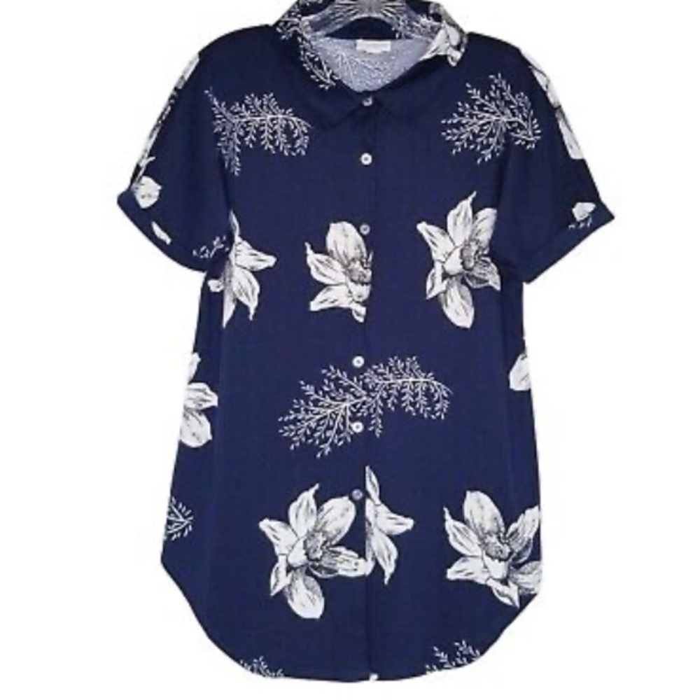 NWT LulaRoe Charlie Navy Hawaiian Floral Button-Up Shirt Womans XL Blouse